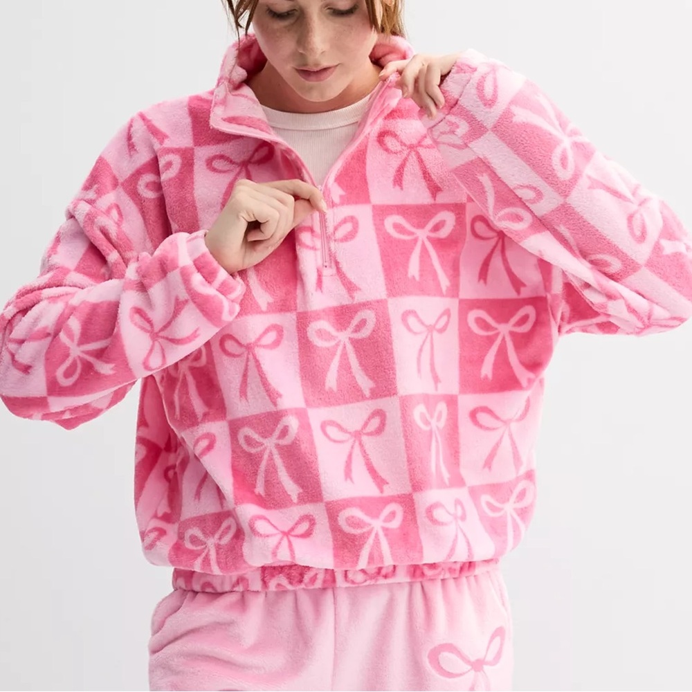 Pink and White Fleece Jacket with Bows